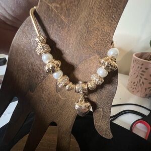 Gold Tone Beaded Heart Charm Bracelet - Women's Jewelry